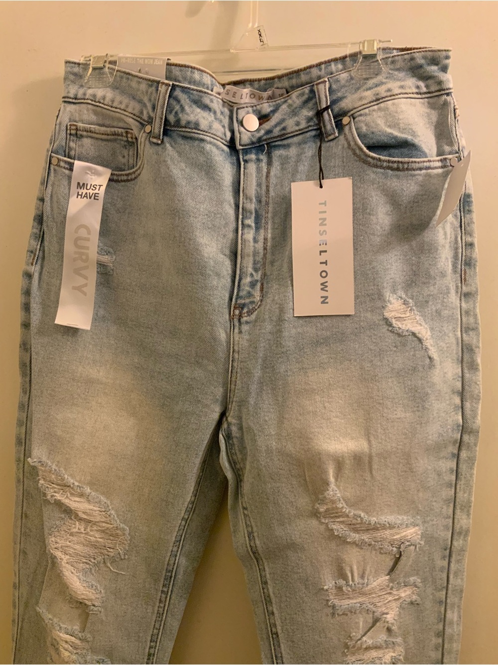 Tinseltown Light Blue Curvy Distressed Mom Jeans